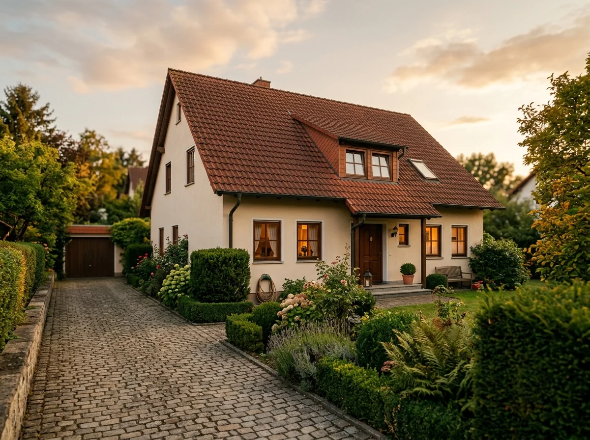 Gepflegtes Einfamilienhaus mit Satteldach und Garten im Abendlicht