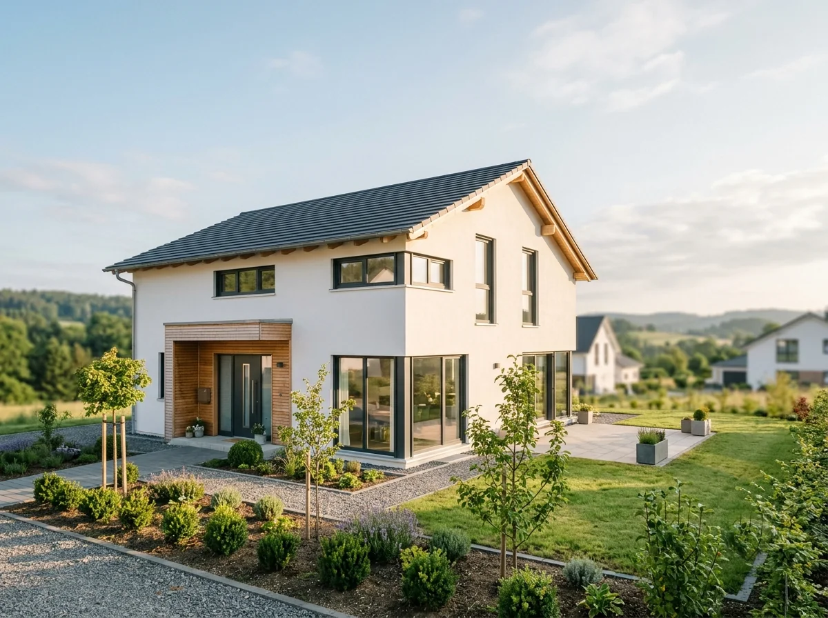 Modernes Einfamilienhaus mit jungem Garten im Morgenlicht