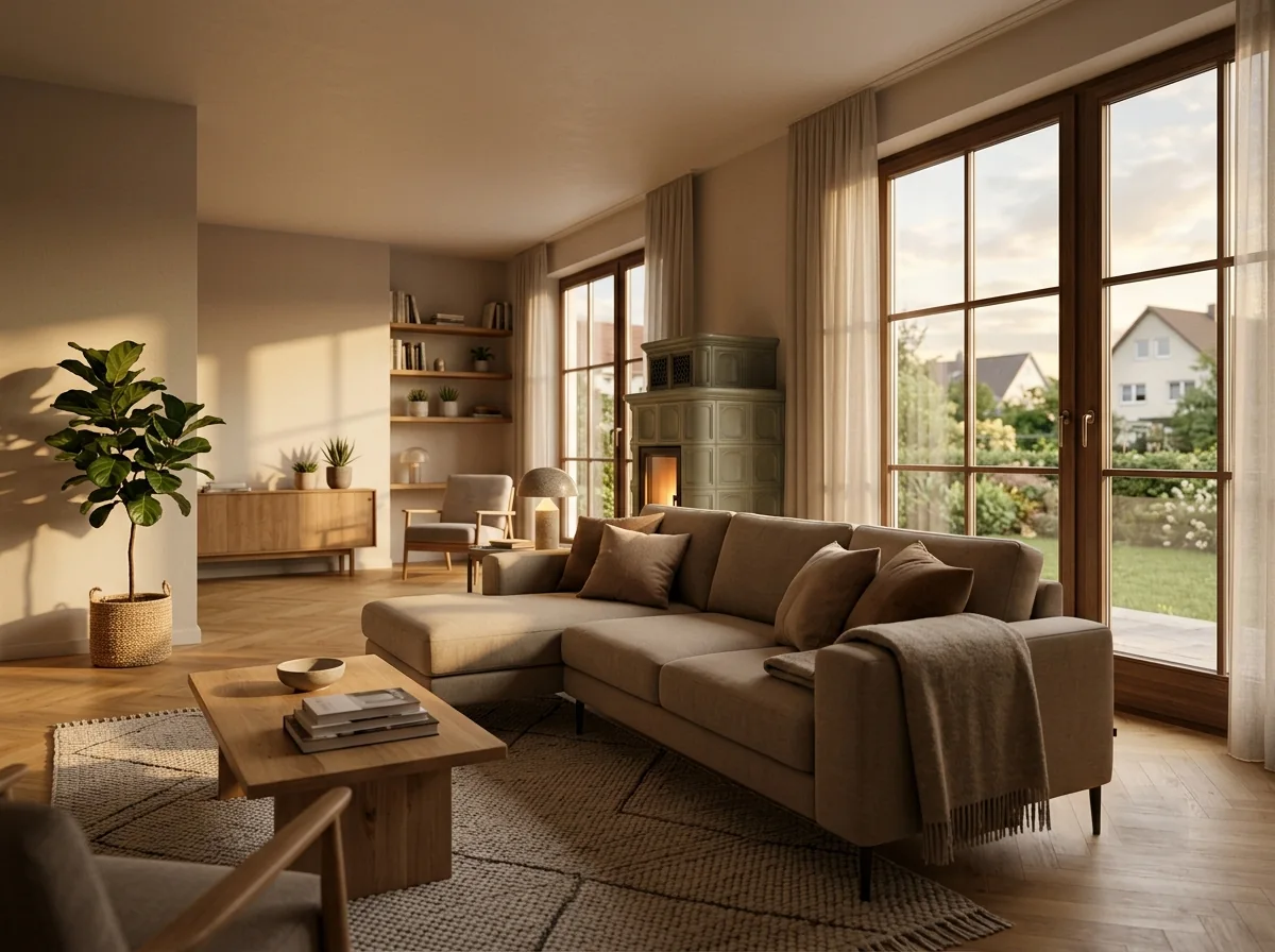 Gemütliches modernes Wohnzimmer im warmen Abendlicht