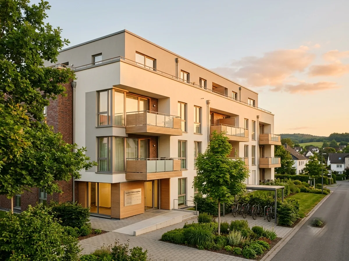 Modernes Mehrfamilienhaus im sozialen Wohnungsbau im Abendlicht