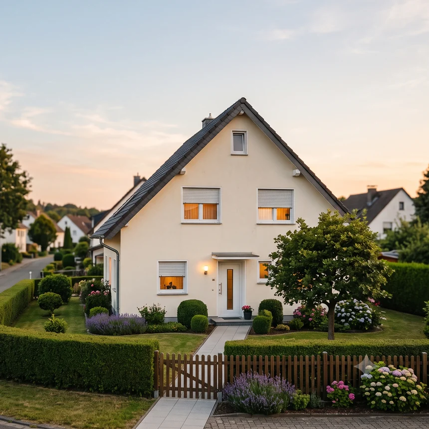 Wohnstraße mit Einfamilienhäusern in der Dämmerung
