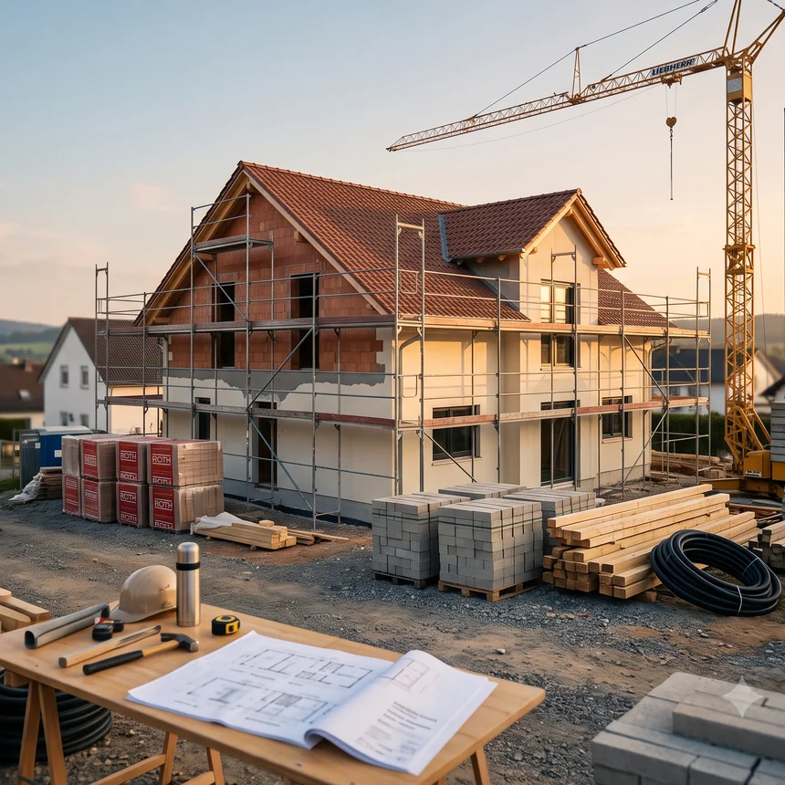 Einfamilienhaus im Rohbau mit Baukran und Bauplänen