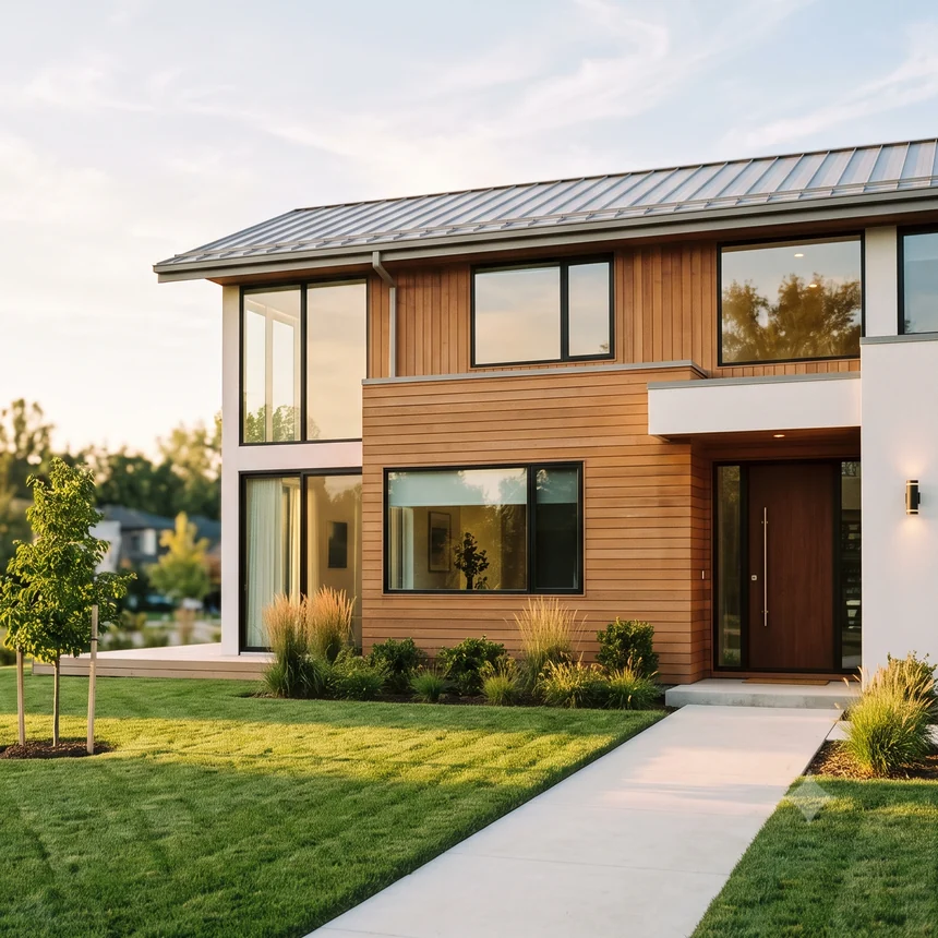 Modernes neu gebautes Wohnhaus mit Rasenfläche in der Abendsonne