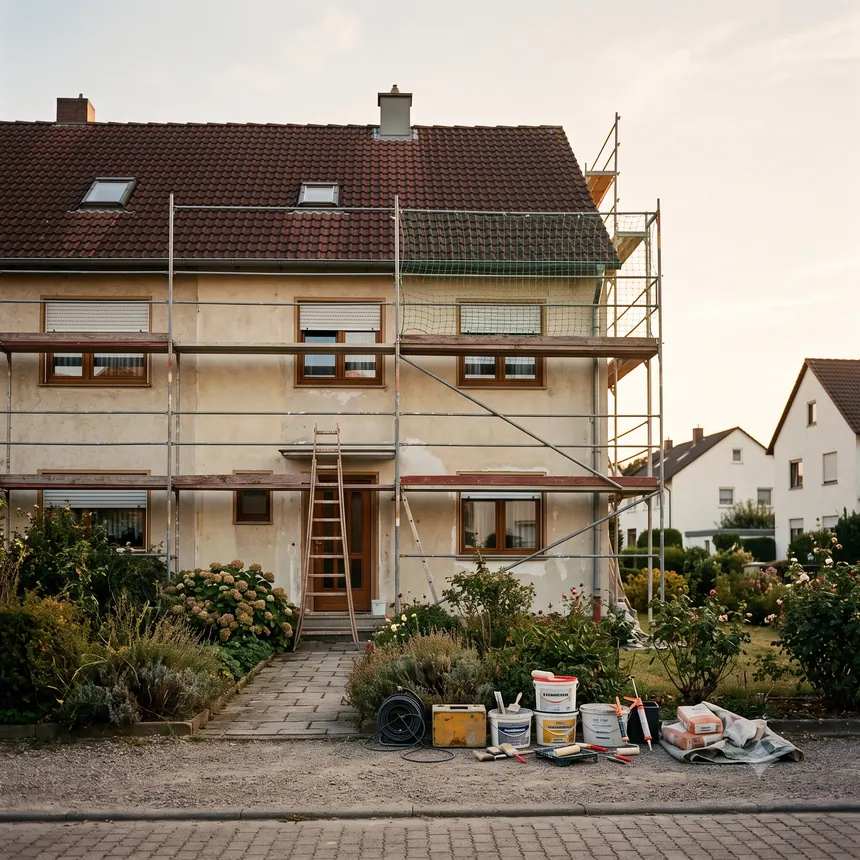 Wohnhaus im Gerüst während der Sanierung