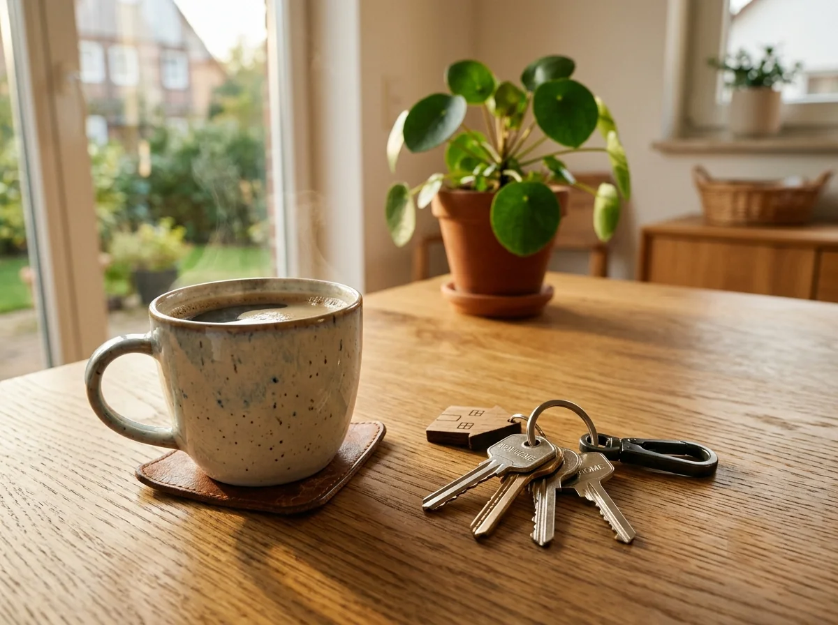 Hausschlüssel und Kaffeetasse auf einem Holztisch im Morgenlicht