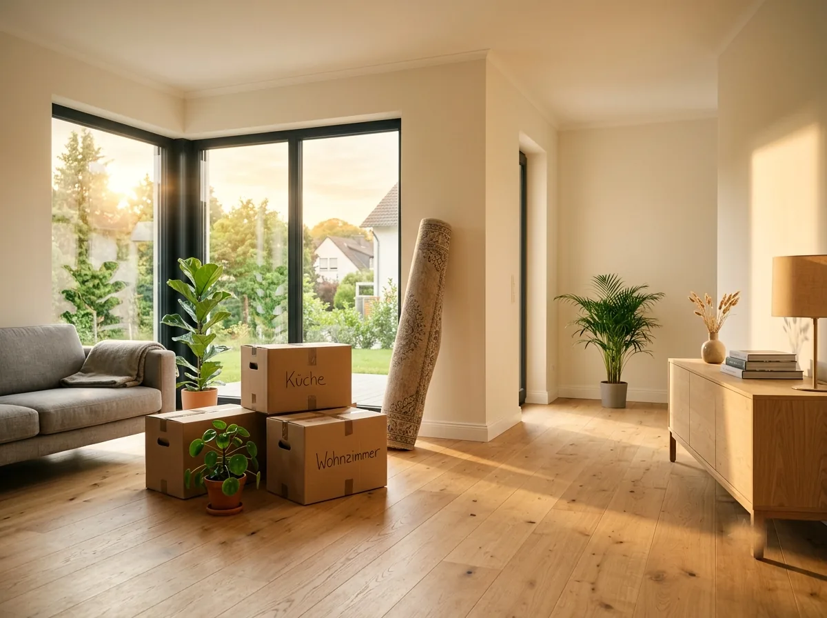 Helles neues Wohnzimmer mit Umzugskartons im Abendlicht