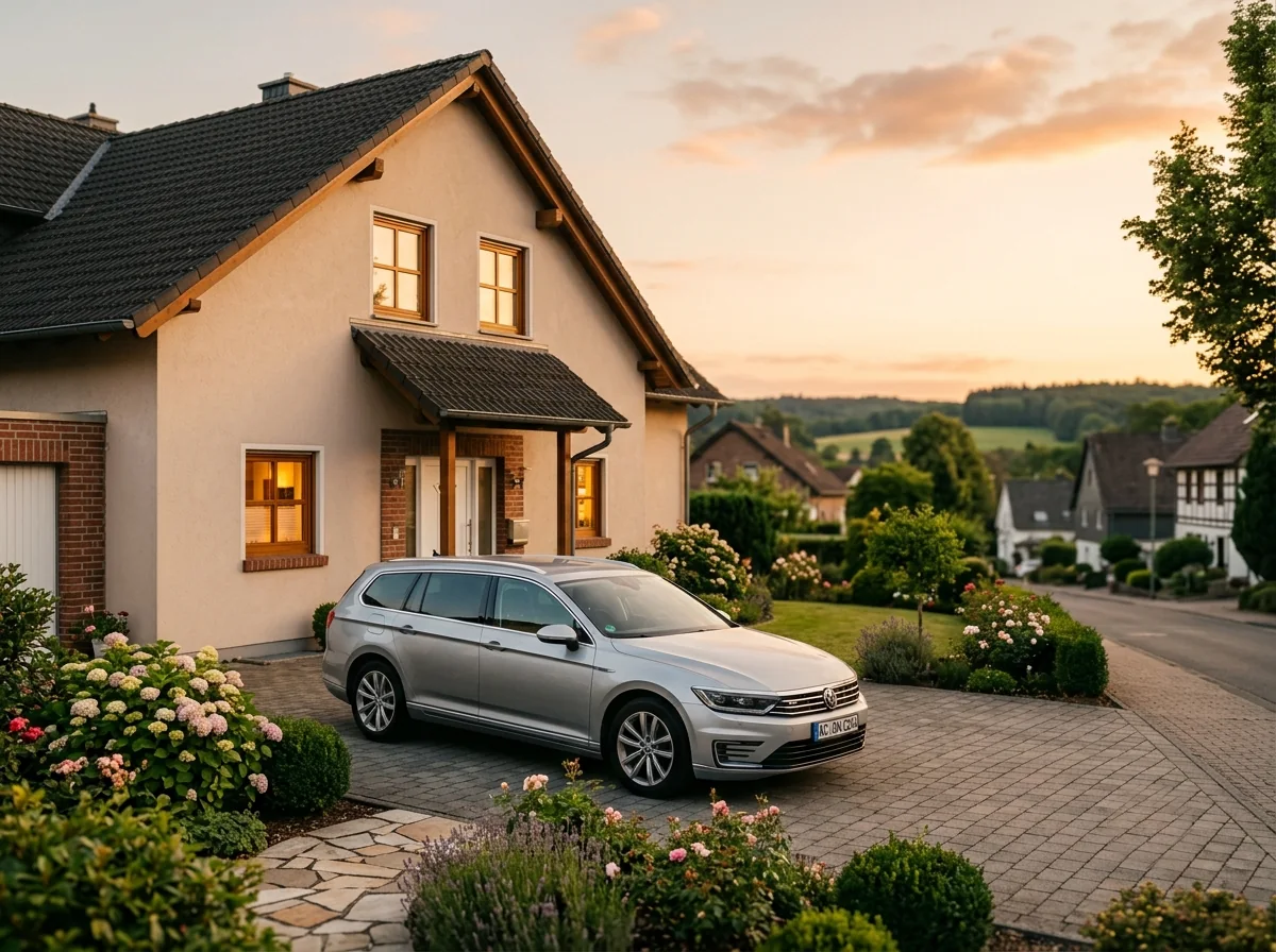 Auto in der Einfahrt eines Familienhauses im Abendlicht