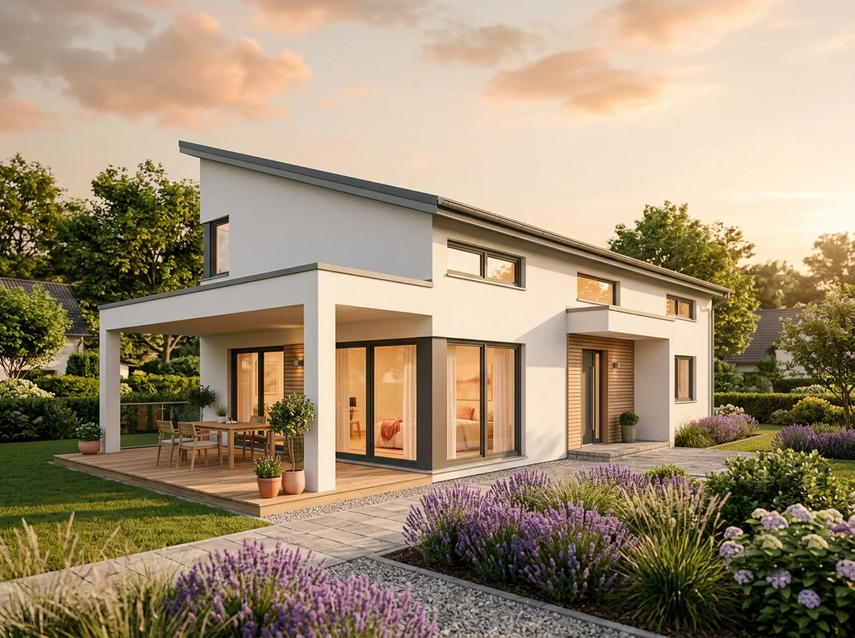 Modernes Einfamilienhaus mit Terrasse und Lavendelgarten im Abendlicht
